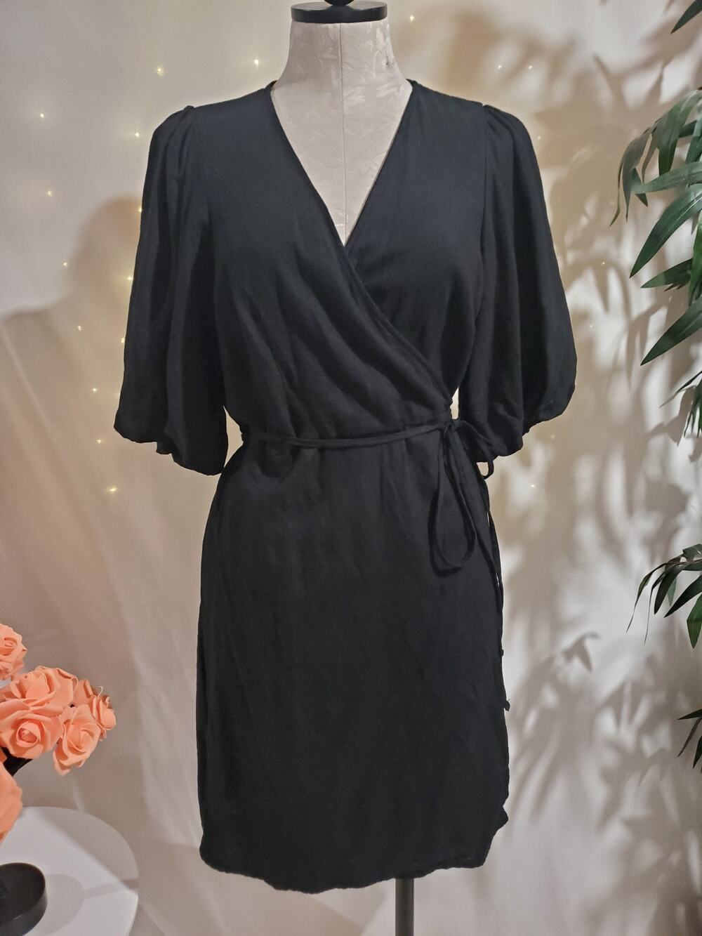 Old Navy Waist-Defined Puff-Sleeve Linen-Blend Mini Wrap Dress Size M Tall Black